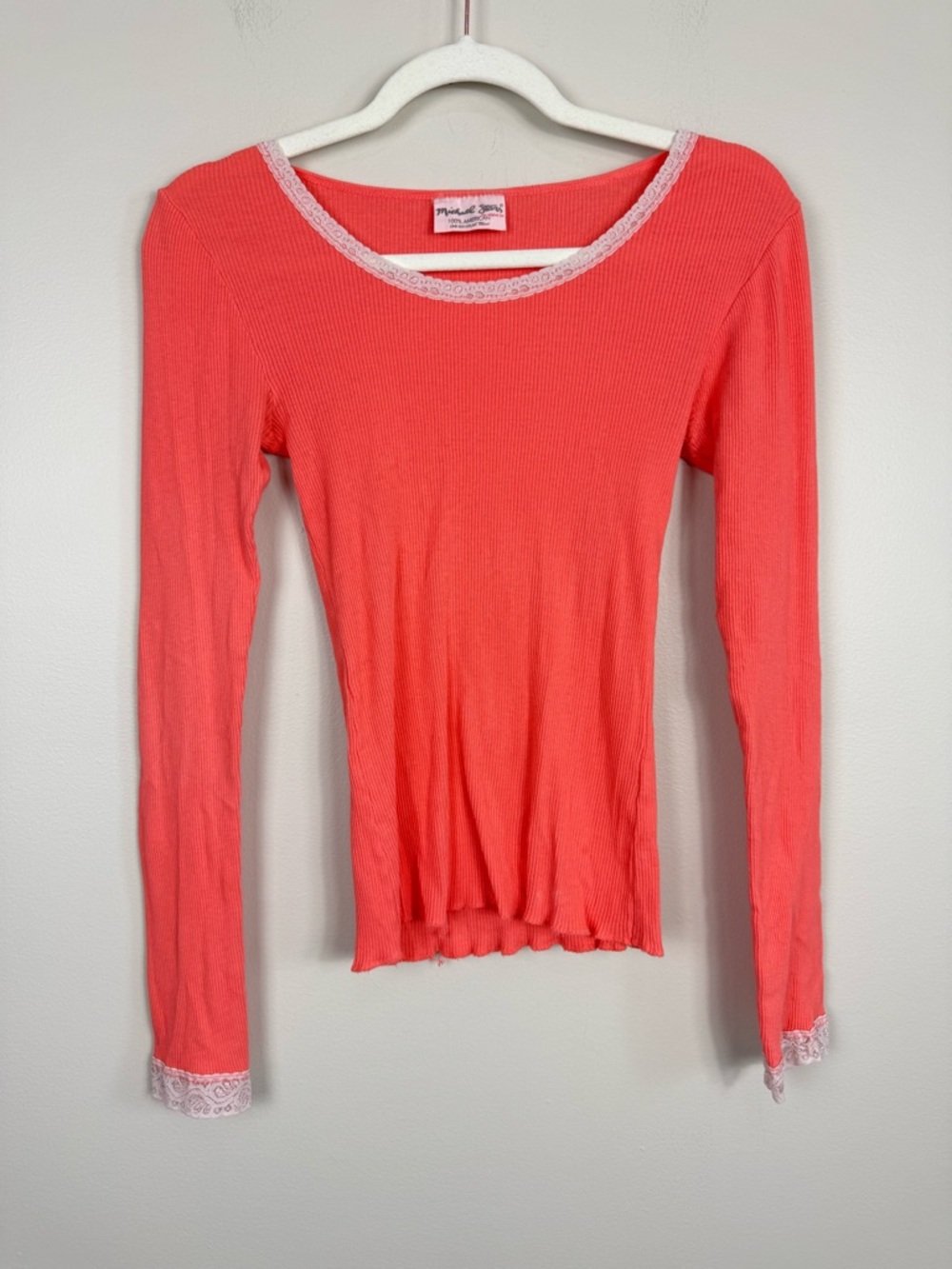 Micheal Stars Top Lace Ribbed Knit Bodycon Y2K Pink Shirt Boho Blouse Preppy